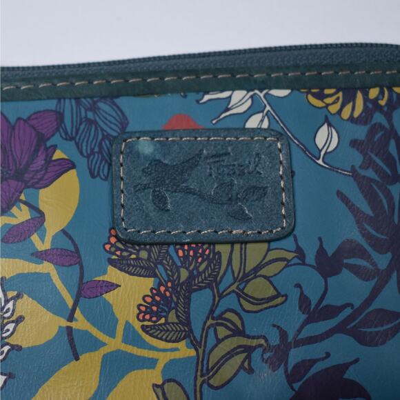 Fossil ID card holder wallet coin purse zip pouch keychain blue floral leather - Picture 2 of 6